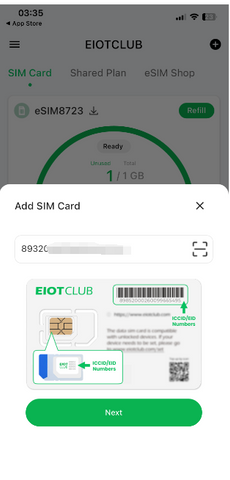 Tap the “+” icon and enter your ICCID number.