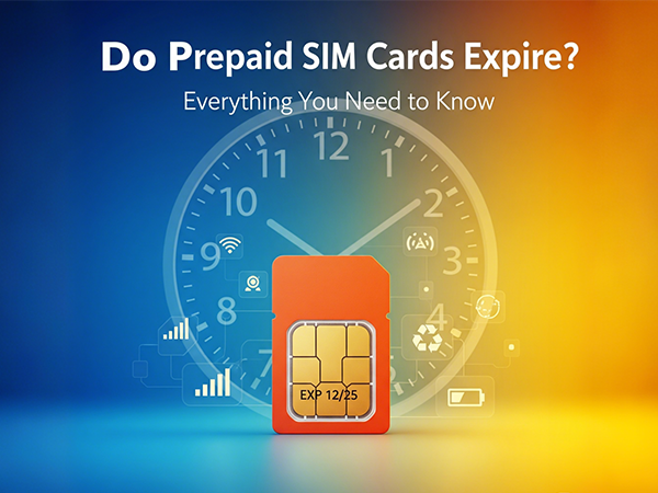 A graphic asking "Do Prepaid SIM Cards Expire?" featuring a red SIM card with an expiration date in front of a large clock.