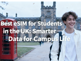 Best eSIM for students in the UK—university campus with red British phone box and academic building.