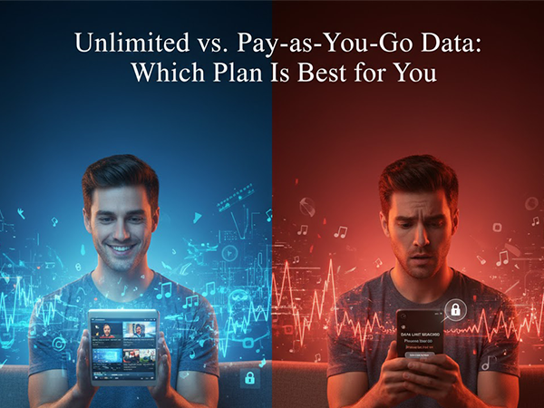A split-screen graphic contrasting the freedom of unlimited data with the restriction of limited, pay-as-you-go data.
