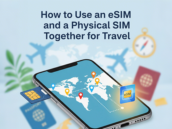 A graphic titled "How to Use an eSIM and a Physical SIM Together for Travel", showing a smartphone with a world map, a physical SIM, and an eSIM icon against a travel-themed background.