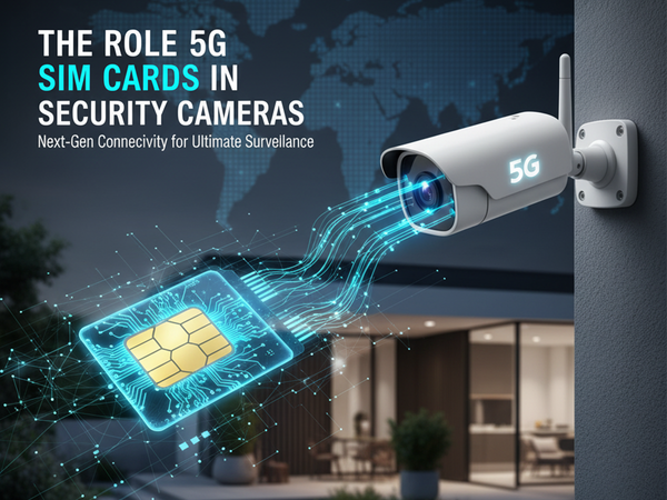 Digital graphic illustrating the connection between a glowing 5G SIM card and a security camera, representing next-gen connectivity for surveillance.