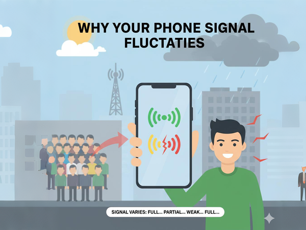 An infographic illustrating the reasons for fluctuating phone signal strength, such as weather, buildings, and network congestion.